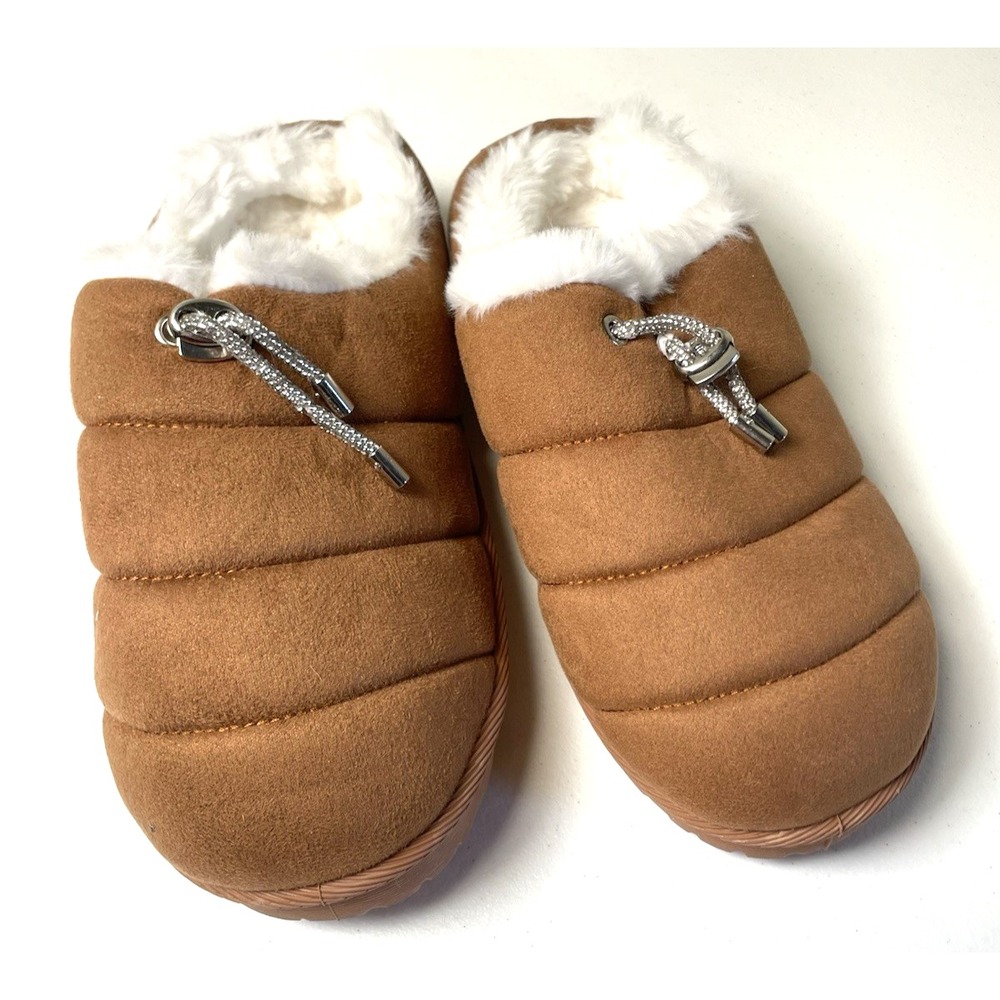 Juicy Couture Faux Fur Slippers Medium 6.5- 7.5 Women's Brown White Shoes Kaph‎